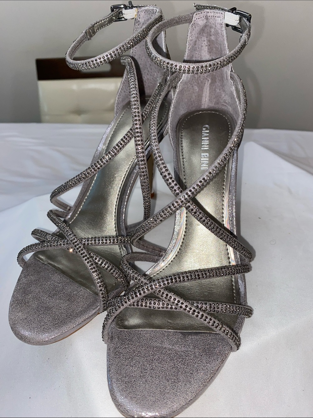 Gianni Bini Pewter Crystal-Strap Open-Toe Heels